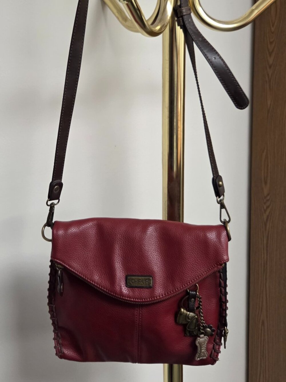 Red Chala Leather Crossbody Bag with Zipper Flap Top w/Paw Dog Theme Purse Charm